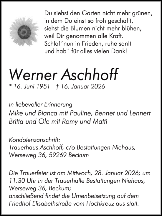 Traueranzeige von Werner Aschhoff von Die Glocke