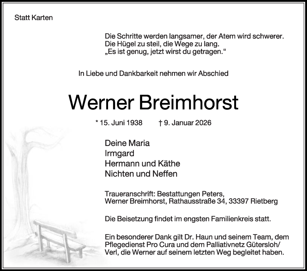  Traueranzeige für Werner Breimhorst vom 14.01.2026 aus Die Glocke