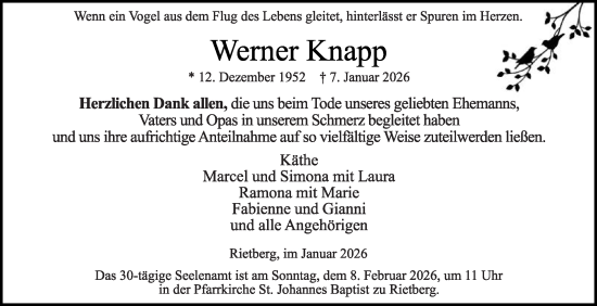 Traueranzeige von Werner Knapp von Die Glocke