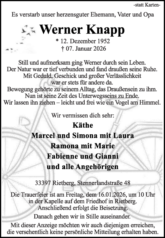 Traueranzeige von Werner Knapp von Die Glocke