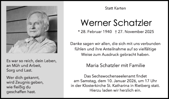 Traueranzeige von Werner Schatzler von Die Glocke