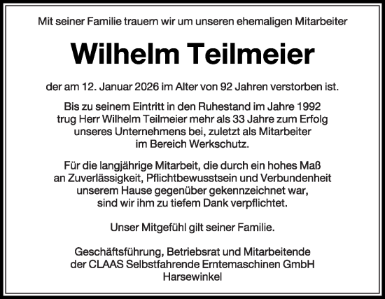 Traueranzeige von Wilhelm Teilmeier von Die Glocke