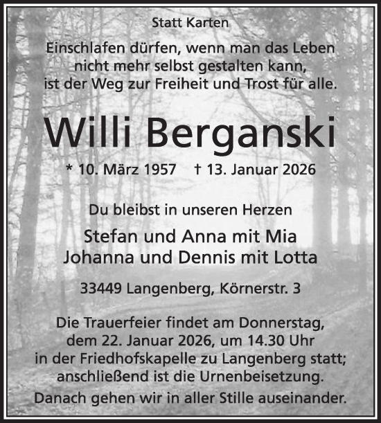 Traueranzeige von Willi Berganski von Die Glocke