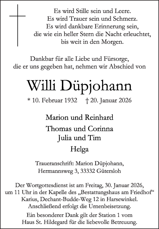 Traueranzeige von Willi Düpjohann von Die Glocke