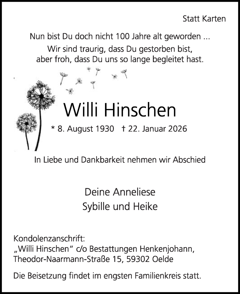  Traueranzeige für Willi Hinschen vom 31.01.2026 aus Die Glocke