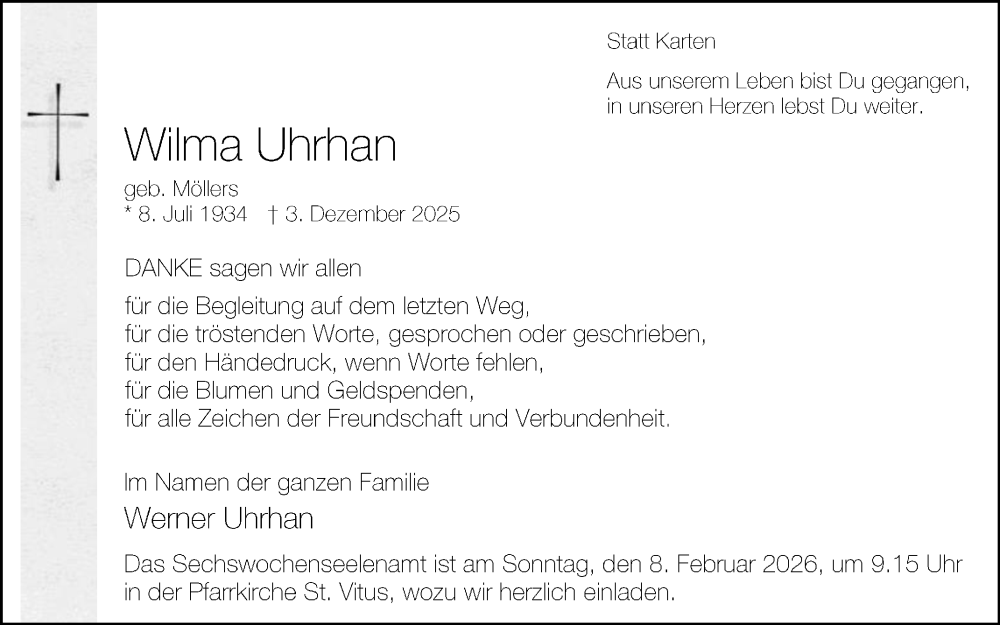  Traueranzeige für Wilma Uhrhan vom 31.01.2026 aus Die Glocke