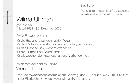 Traueranzeige von Wilma Uhrhan von Die Glocke