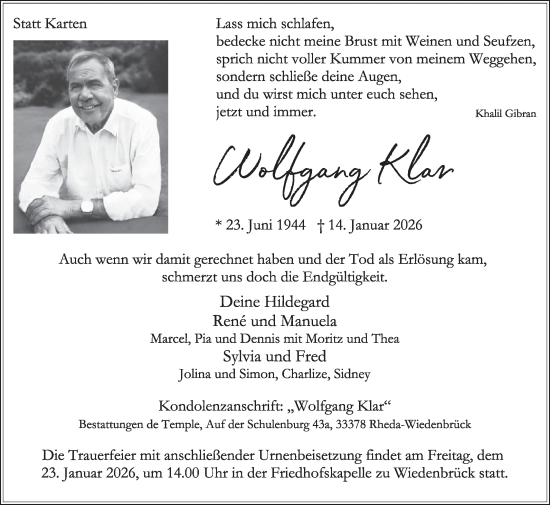 Traueranzeige von Wolfgang Klar von Die Glocke