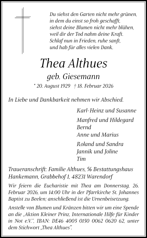  Traueranzeige für Thea Althues vom 21.02.2026 aus Die Glocke