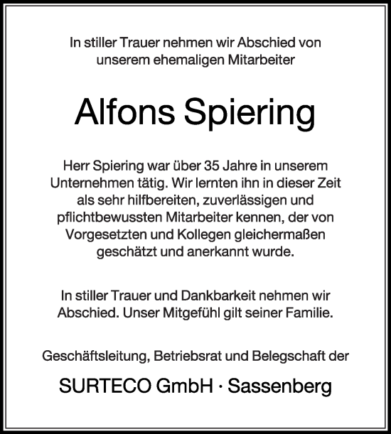 Traueranzeige von Alfons Spiering von Die Glocke
