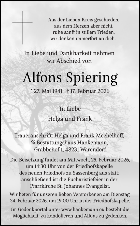 Traueranzeige von Alfons Spiering von Die Glocke