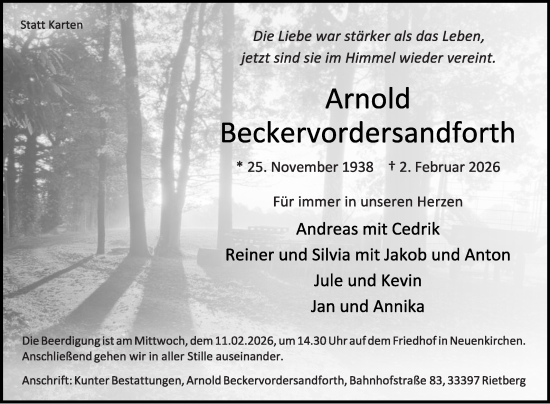 Traueranzeige von Arnold Beckervordersandforth von Die Glocke