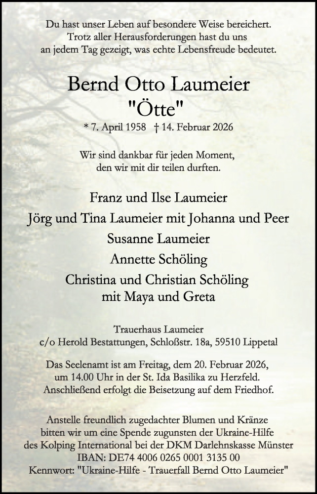  Traueranzeige für Bernd Otto Laumeier vom 18.02.2026 aus Die Glocke