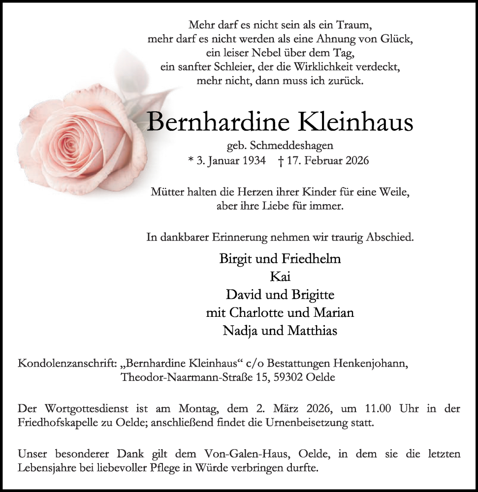  Traueranzeige für Bernhardine Kleinhaus vom 21.02.2026 aus Die Glocke
