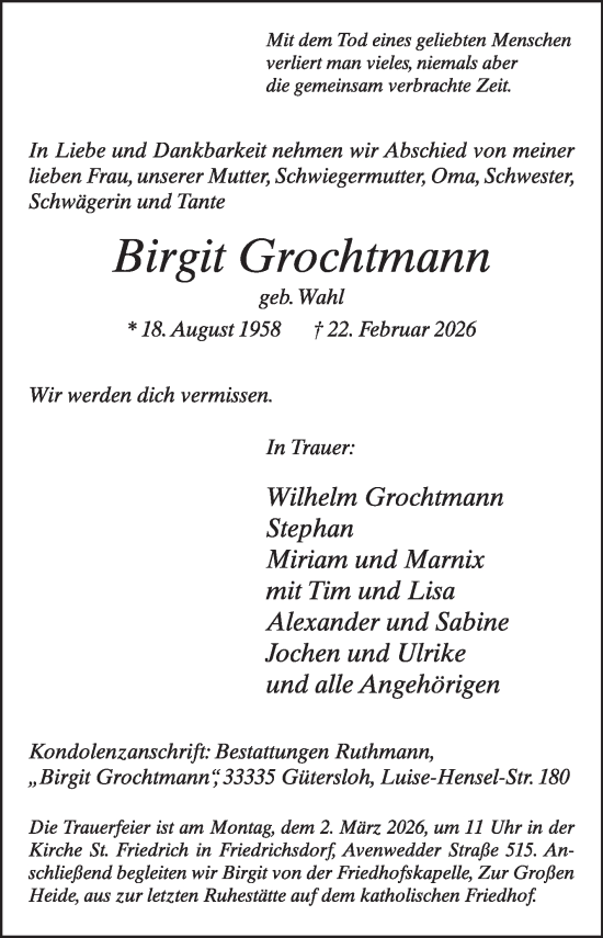 Traueranzeige von Birgit Grochtmann von Die Glocke