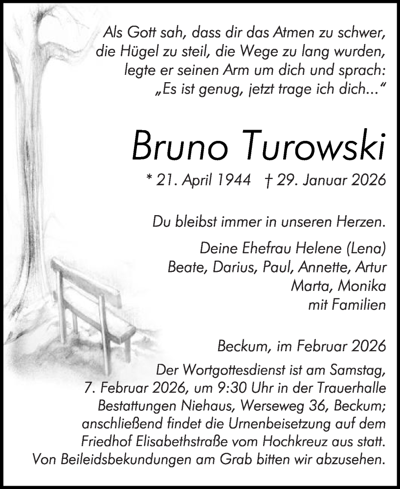  Traueranzeige für Bruno Turowski vom 04.02.2026 aus Die Glocke