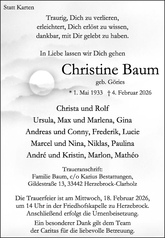  Traueranzeige für Christine Baum vom 07.02.2026 aus Die Glocke