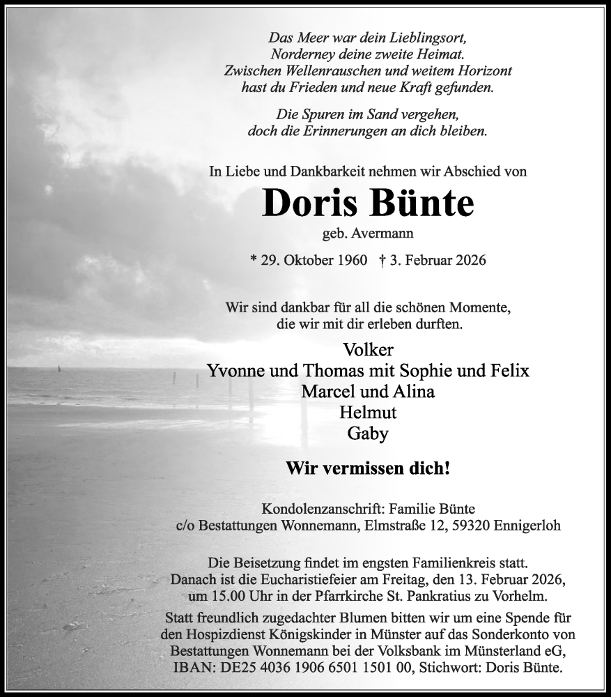  Traueranzeige für Doris Bünte vom 07.02.2026 aus Die Glocke