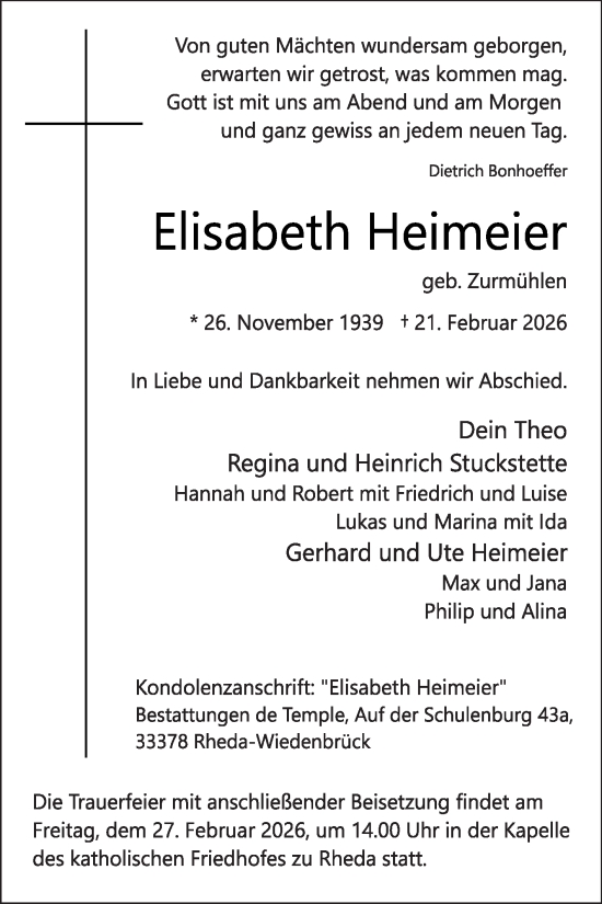 Traueranzeige von Elisabeth Heimeier von Die Glocke