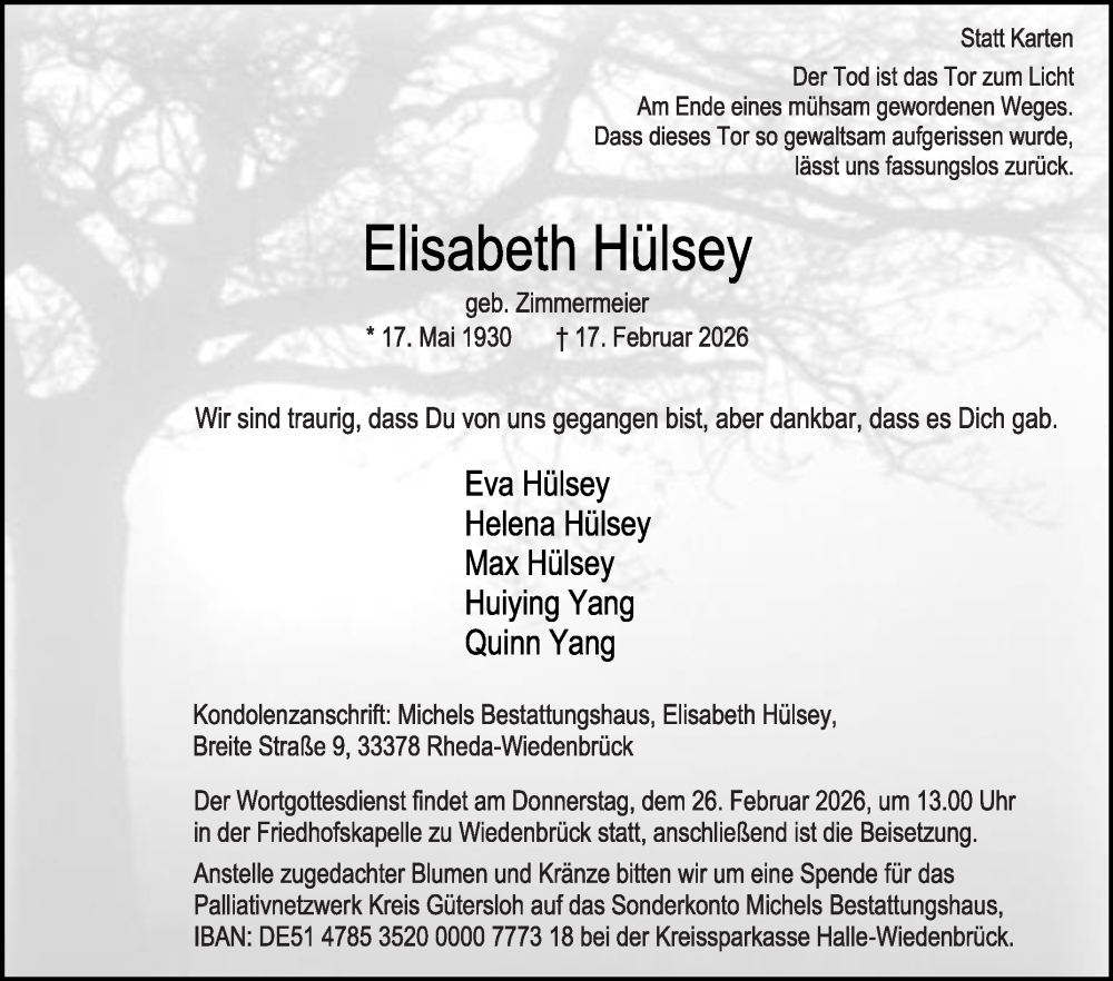  Traueranzeige für Elisabeth Hülsey vom 21.02.2026 aus Die Glocke