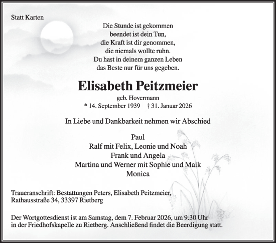 Traueranzeige von Elisabeth Peitzmeier von Die Glocke