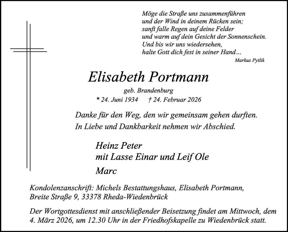  Traueranzeige für Elisabeth Portmann vom 28.02.2026 aus Die Glocke