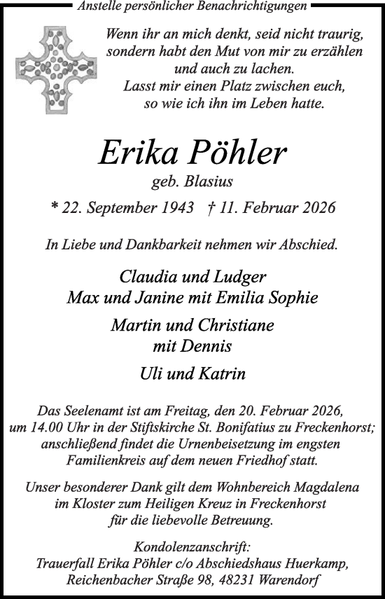 Traueranzeige von Erika Pöhler von Die Glocke