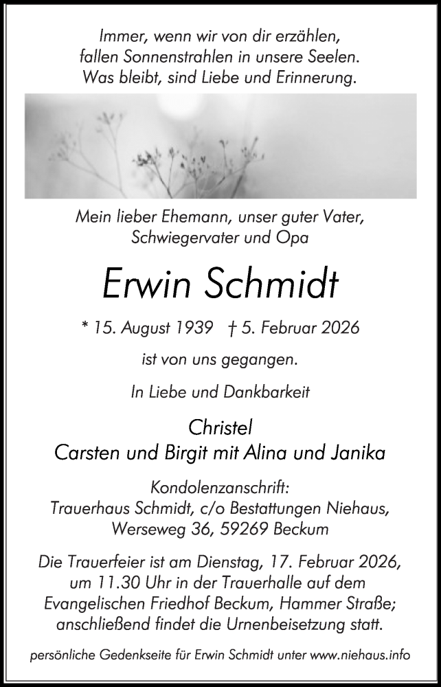  Traueranzeige für Erwin Schmidt vom 11.02.2026 aus Die Glocke