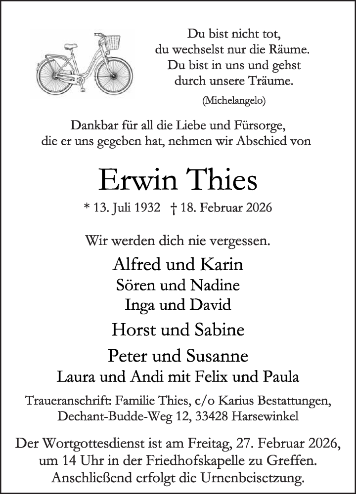  Traueranzeige für Erwin Thies vom 21.02.2026 aus Die Glocke