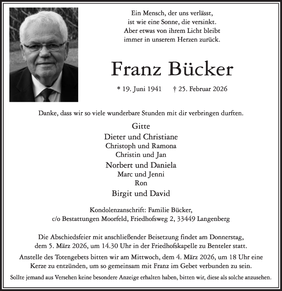  Traueranzeige für Franz Bücker vom 28.02.2026 aus Die Glocke