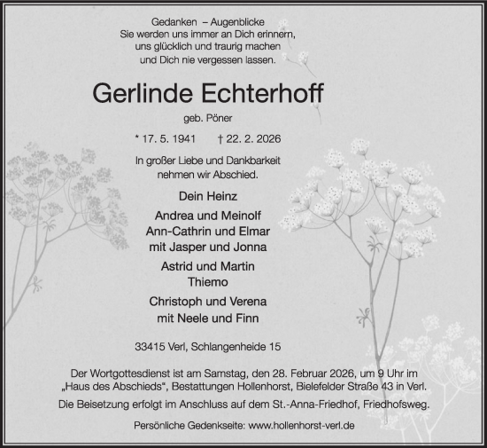 Traueranzeige von Gerlinde Echterhoff von Die Glocke