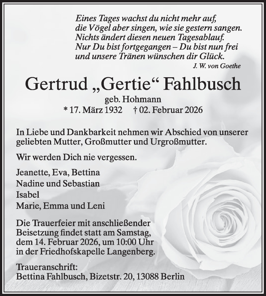  Traueranzeige für Gertrud Fahlbusch vom 07.02.2026 aus Die Glocke