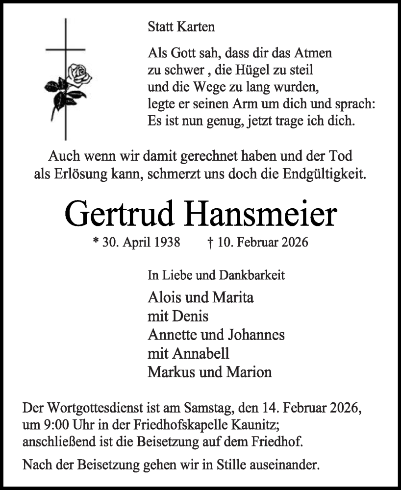  Traueranzeige für Gertrud Hansmeier vom 12.02.2026 aus Die Glocke