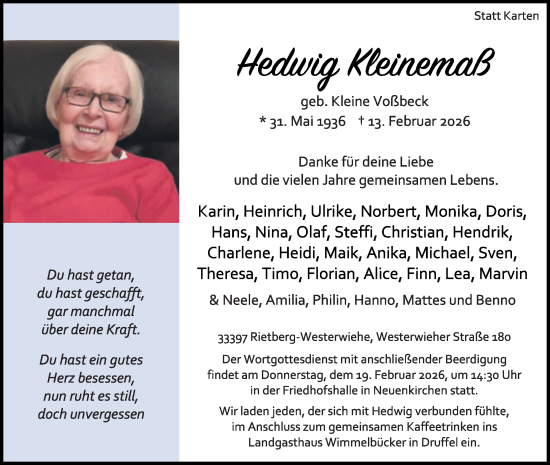 Traueranzeige von Hedwig Kleinemaß von Die Glocke