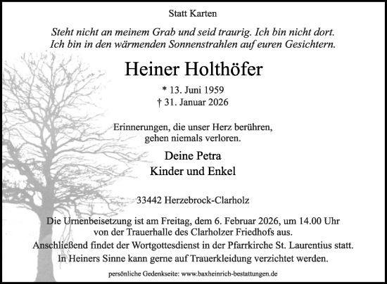 Traueranzeige von Heiner Holthöfer von Die Glocke