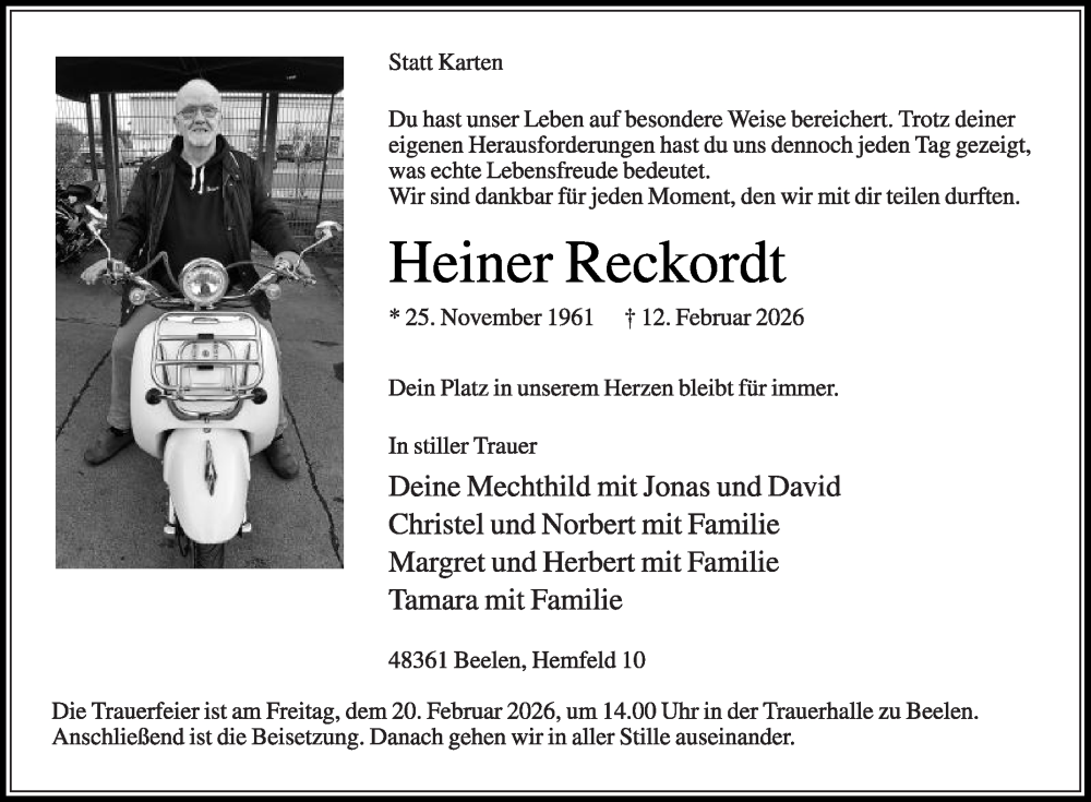  Traueranzeige für Heiner Reckordt vom 14.02.2026 aus Die Glocke