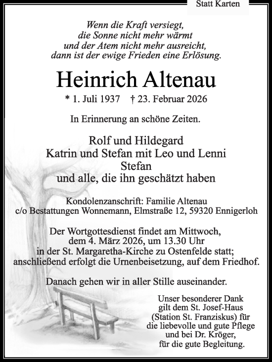 Traueranzeige von Heinrich Altenau von Die Glocke