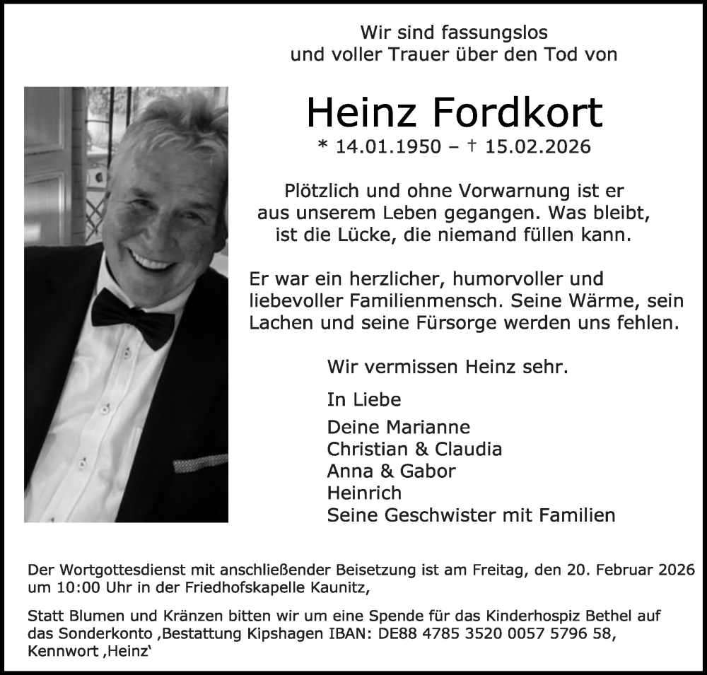  Traueranzeige für Heinz Fordkort vom 17.02.2026 aus Die Glocke