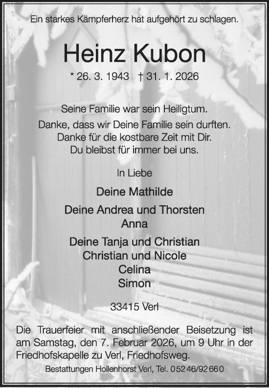 Traueranzeige von Heinz Kubon von Die Glocke