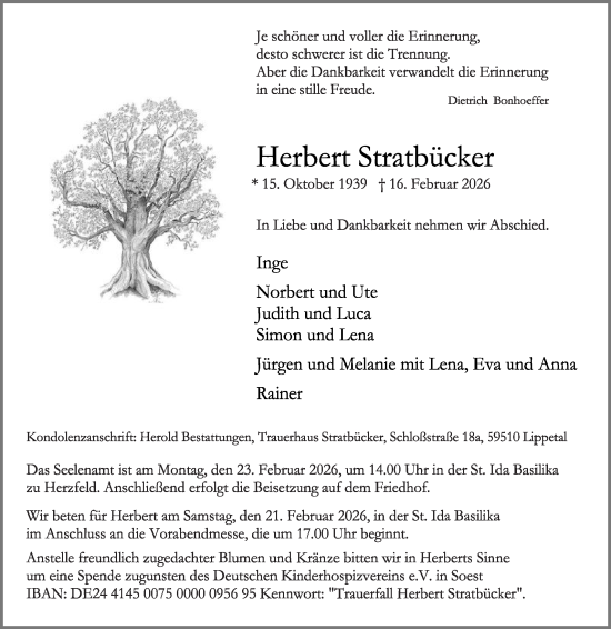 Traueranzeige von Herbert Stratbücker von Die Glocke