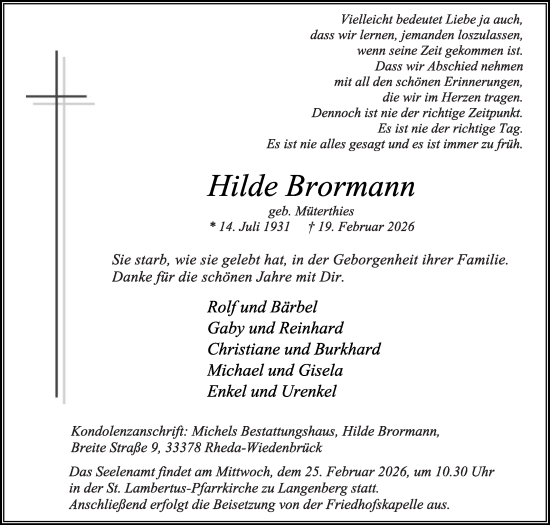 Traueranzeige von Hilde Brormann von Die Glocke