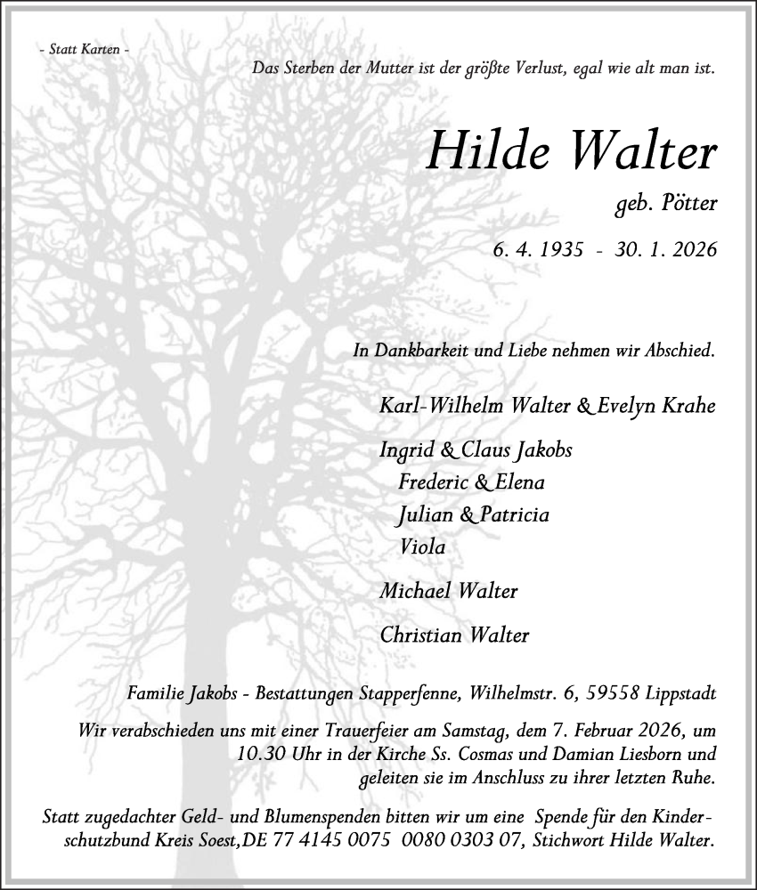 Traueranzeige für Hilde Walter vom 04.02.2026 aus Die Glocke