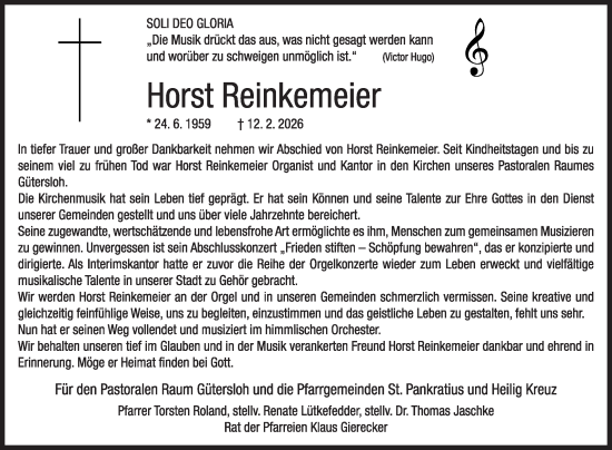 Traueranzeige von Horst Reinkemeier von Die Glocke