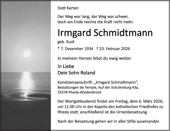 Traueranzeige von Irmgard Schmidtmann von Die Glocke