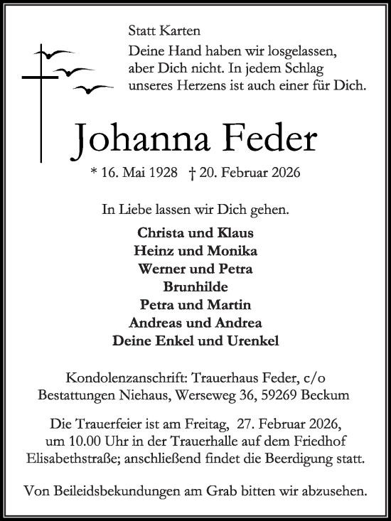 Traueranzeige von Johanna Feder von Die Glocke