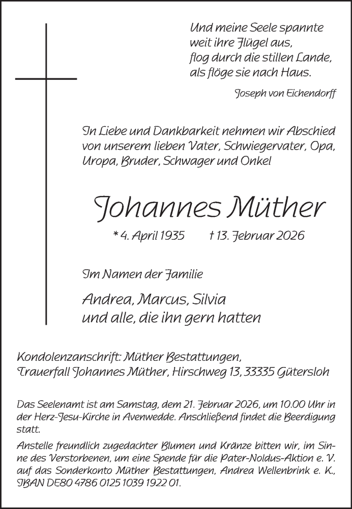  Traueranzeige für Johannes Müther vom 18.02.2026 aus Die Glocke