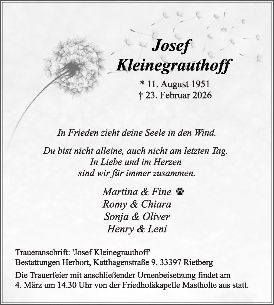  Traueranzeige für Josef Kleinegrauthoff vom 28.02.2026 aus Die Glocke
