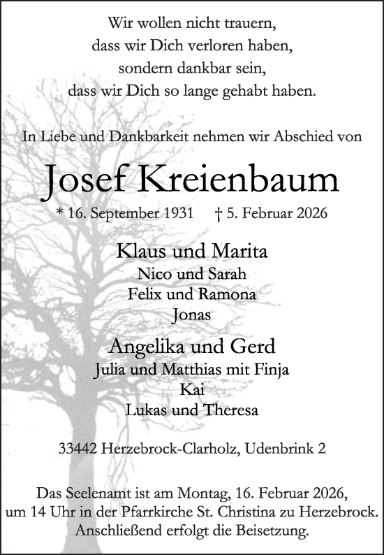 Traueranzeige von Josef Kreienbaum von Die Glocke