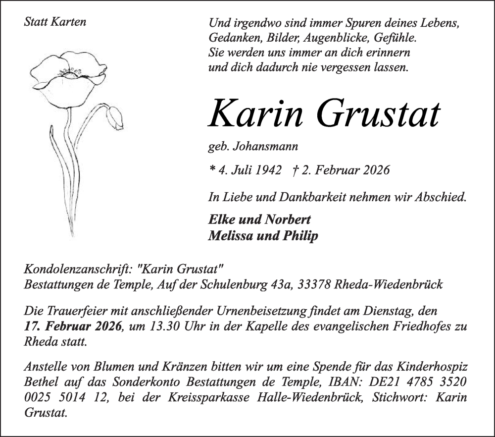  Traueranzeige für Karin Grustat vom 07.02.2026 aus Die Glocke