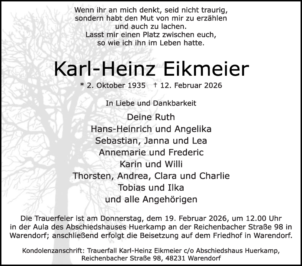  Traueranzeige für Karl-Heinz Eikmeier vom 14.02.2026 aus Die Glocke